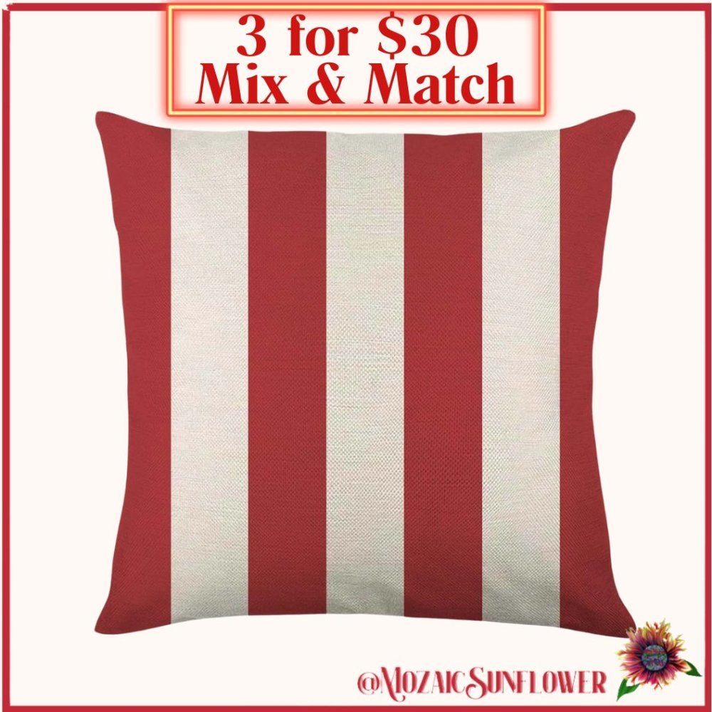 Outdoor/Indoor Throw Pillow Cover Square Red and White Stripes Mix and Match